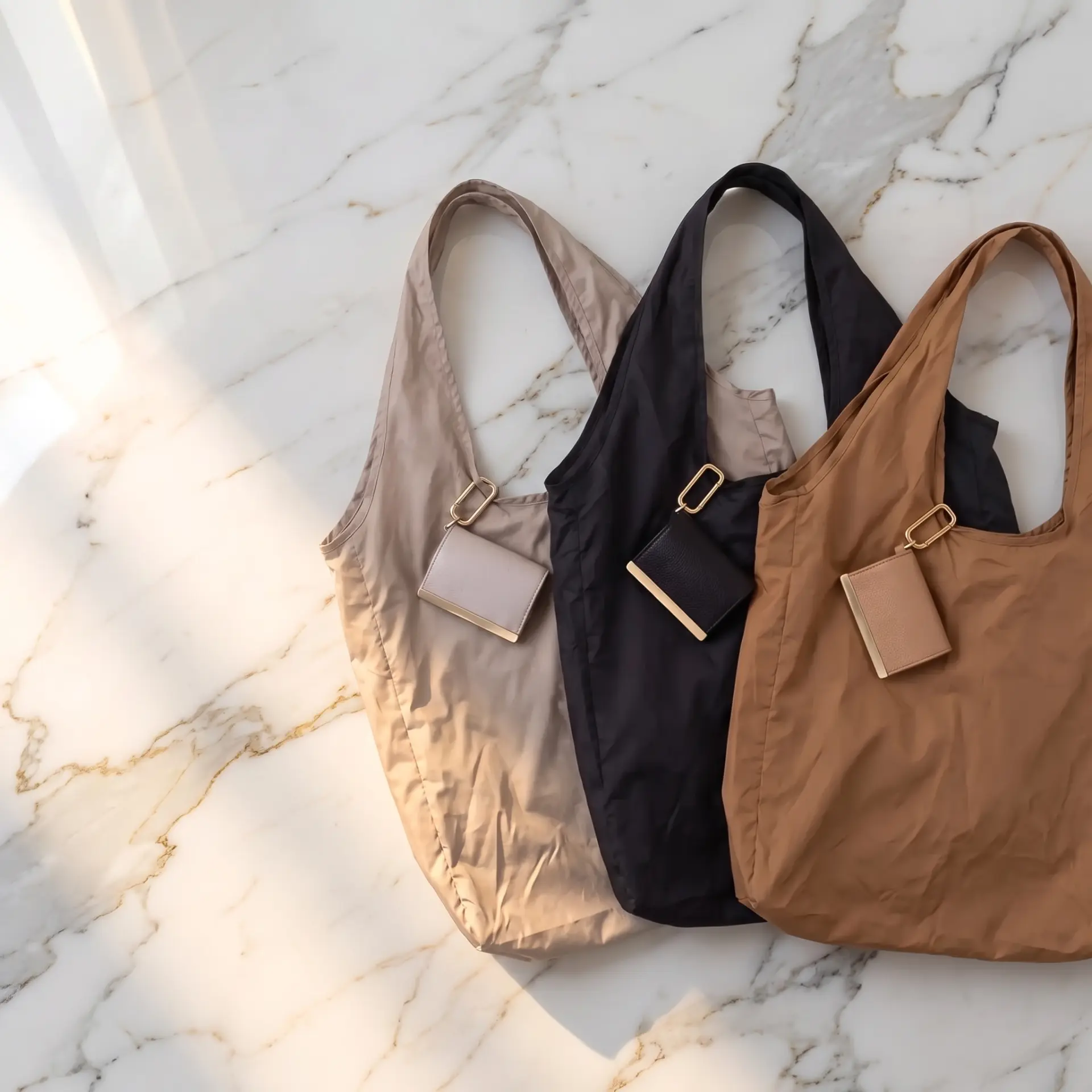 Three Cliqué Totes in stone, black and tan laid flat with their pouches